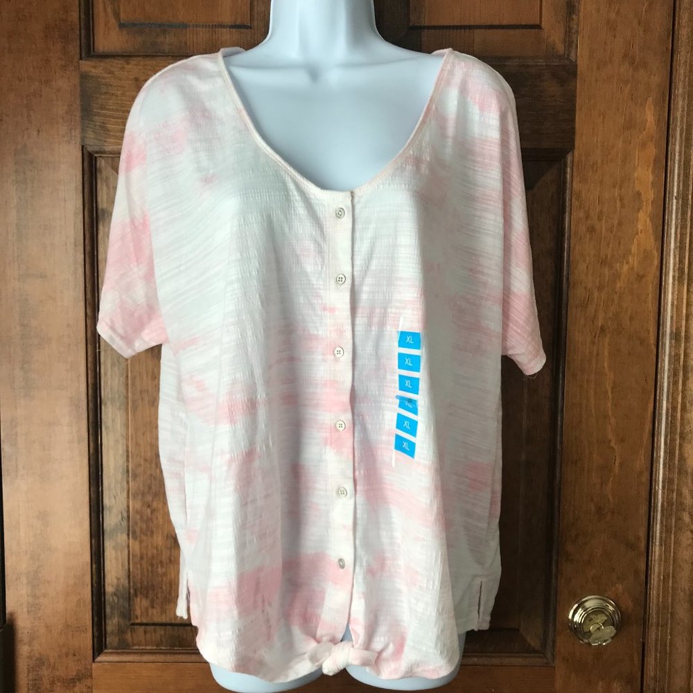 NWT Zac & Rachel Rose Bud (Pink) Tie Dye Pucker Knit Top w/Self-Tie Hem X-Large